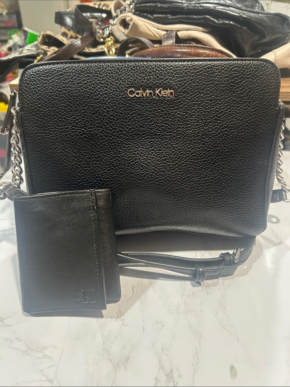 Calvin Klein Black Leather Crossbody Bag with Card Wallet